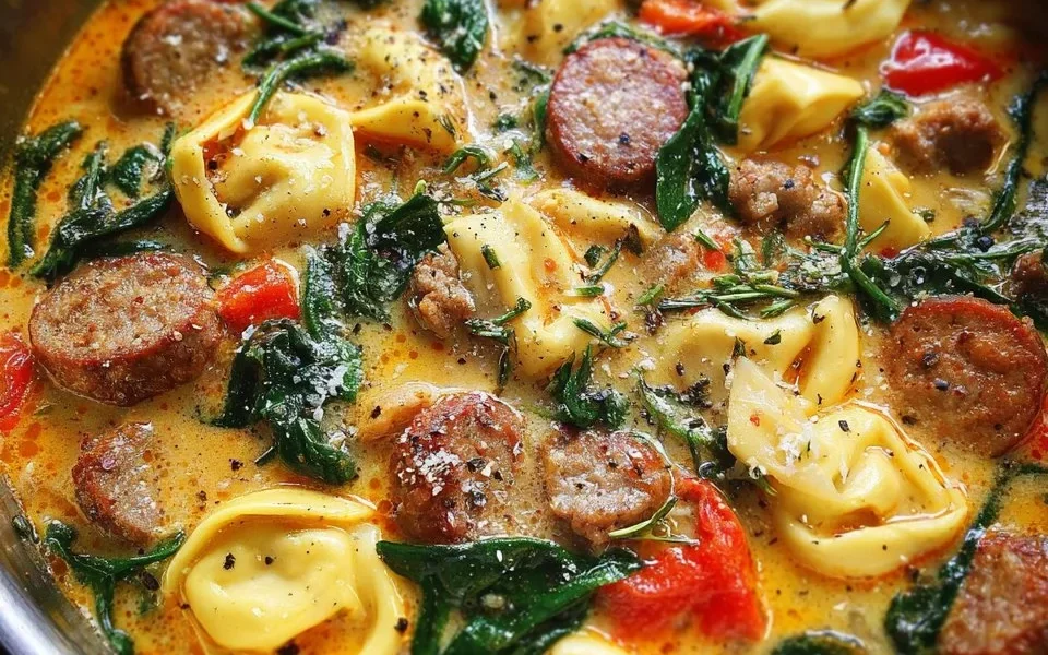 Bowl of Sausage Tortellini Soup with Spinach, colorful and delicious