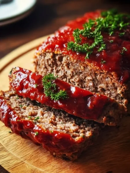 Delicious homemade meatloaf served with mashed potatoes and green beans