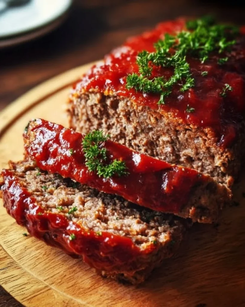 Delicious homemade meatloaf served with mashed potatoes and green beans