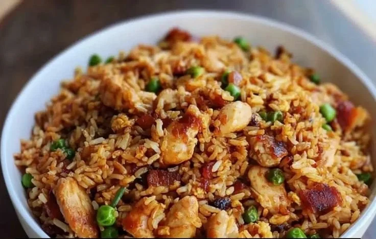 Bowl of savory BBQ chicken fried rice garnished with vegetables and sesame seeds