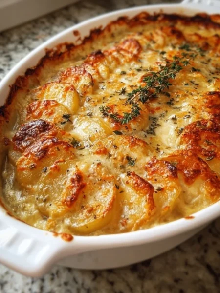 Creamy and cheesy scalloped potatoes dish served in a baking dish