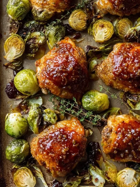 Sheet pan hot honey mustard chicken with crispy Brussels sprouts dish