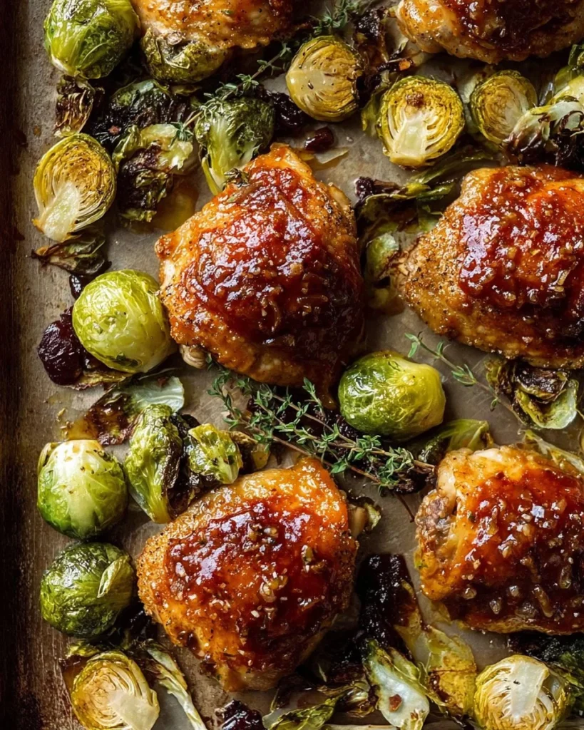 Sheet pan hot honey mustard chicken with crispy Brussels sprouts dish