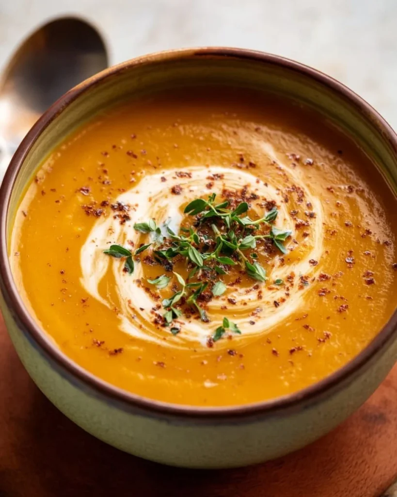 Bowl of silky pumpkin soup garnished with herbs