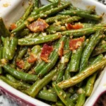 Freshly cooked simple green beans side dish on a plate