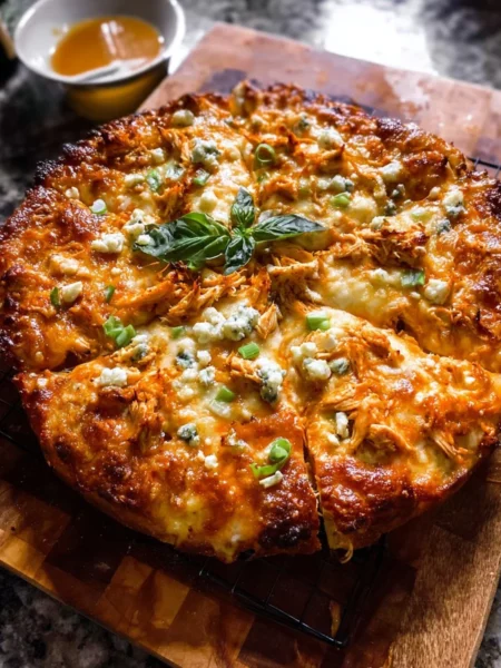 Crispy Cheese Buffalo Chicken Pizza served in a skillet