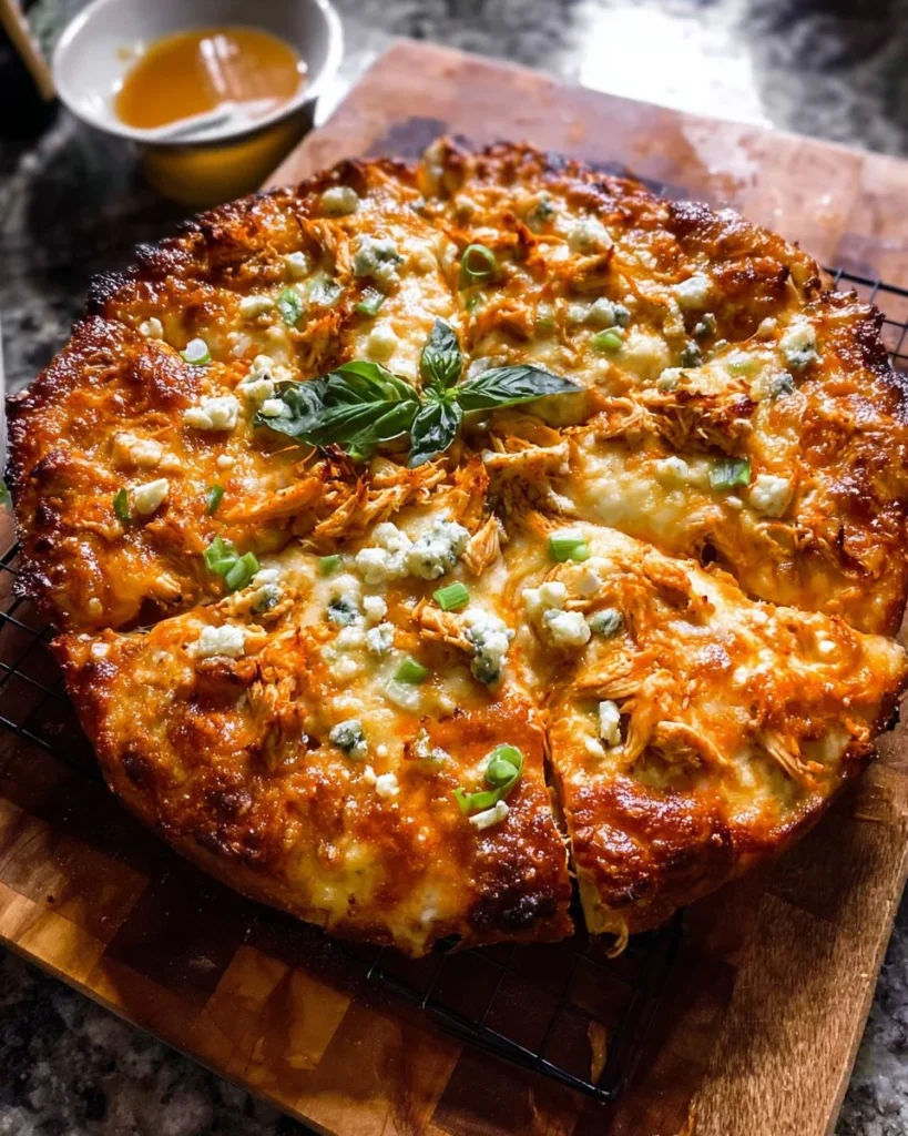 Crispy Cheese Buffalo Chicken Pizza served in a skillet