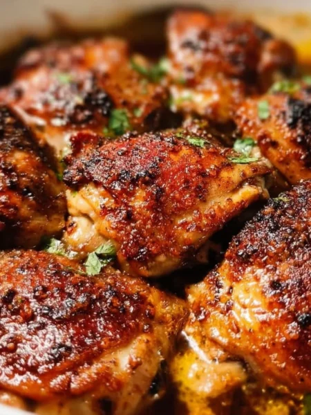 Slow cooked chicken thighs with herbs and spices served on a plate