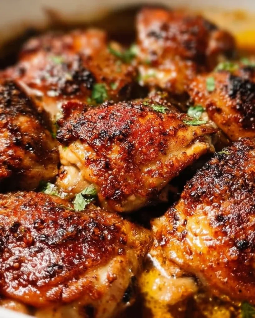 Slow cooked chicken thighs with herbs and spices served on a plate