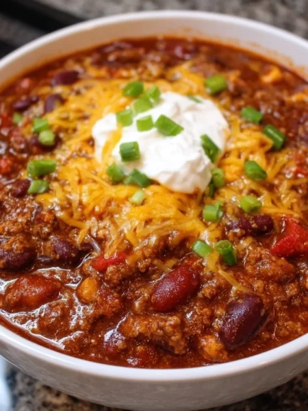 Bowl of delicious slow-cooker chili with beans and spices