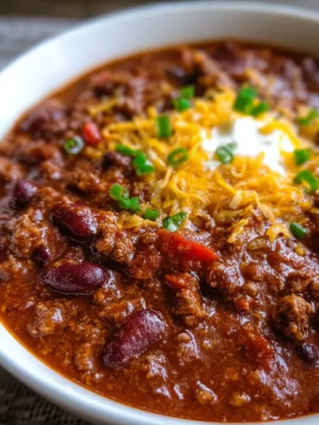 Delicious slow-cooker chili served in a bowl with toppings