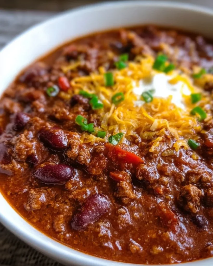 Delicious slow-cooker chili served in a bowl with toppings