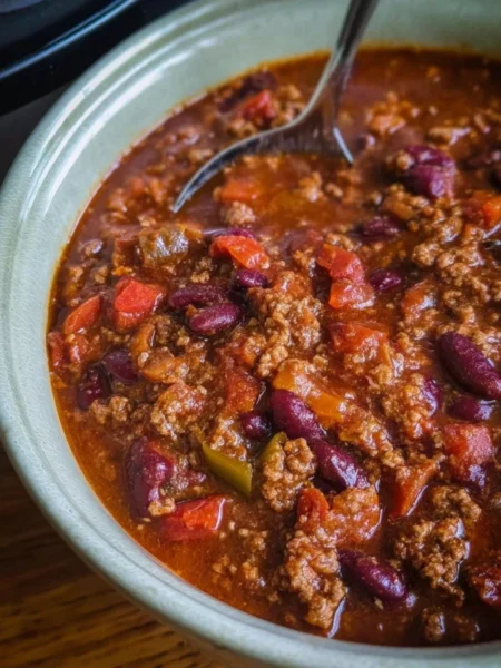 Bowl of delicious slow cooker chili with beans and spices