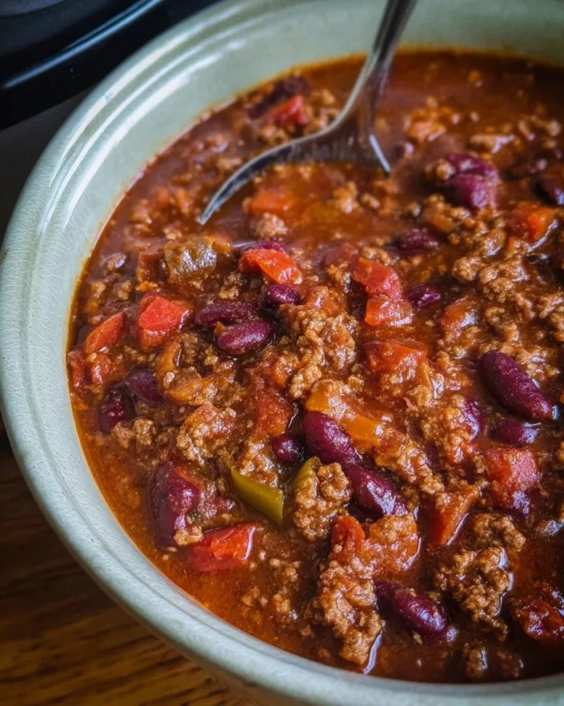 Bowl of delicious slow cooker chili with beans and spices