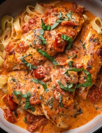 Slow Cooker Creamy Tomato Basil Chicken Breast dish with fresh herbs and sauce