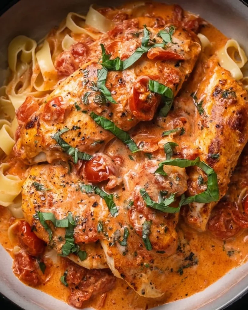 Slow Cooker Creamy Tomato Basil Chicken Breast dish with fresh herbs and sauce