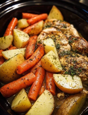 Slow cooker garlic butter chicken served with colorful veggies.