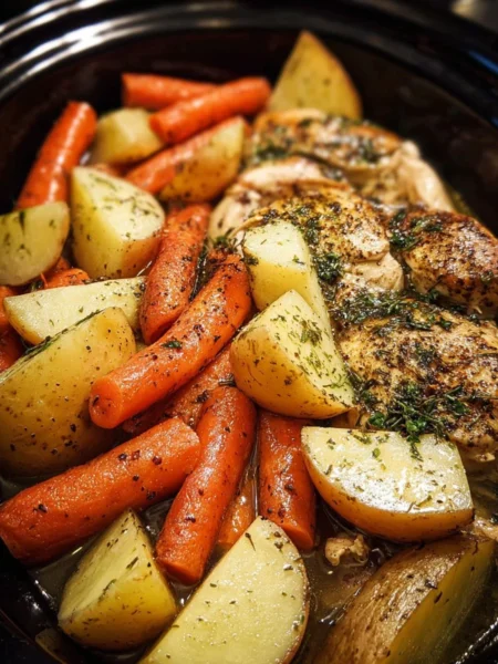 Slow cooker garlic butter chicken served with colorful veggies.
