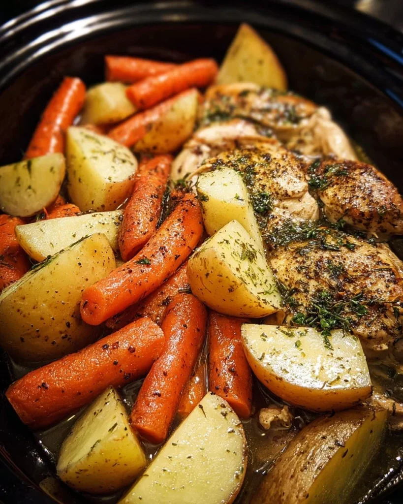 Slow cooker garlic butter chicken served with colorful veggies.