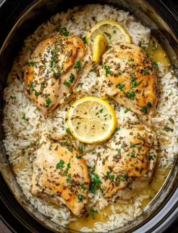 Slow Cooker Lemon Herb Chicken served with fluffy rice on a plate