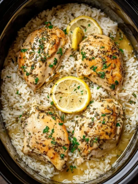Slow Cooker Lemon Herb Chicken served with fluffy rice on a plate
