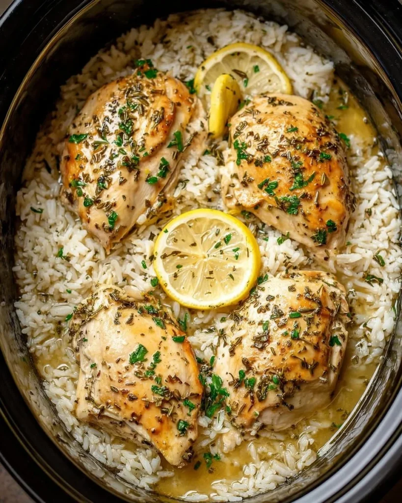Slow Cooker Lemon Herb Chicken served with fluffy rice on a plate
