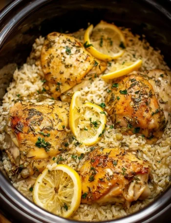 Slow cooker lemon herb chicken served with fluffy rice on a plate