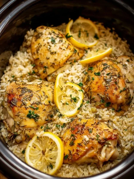 Slow cooker lemon herb chicken served with fluffy rice on a plate