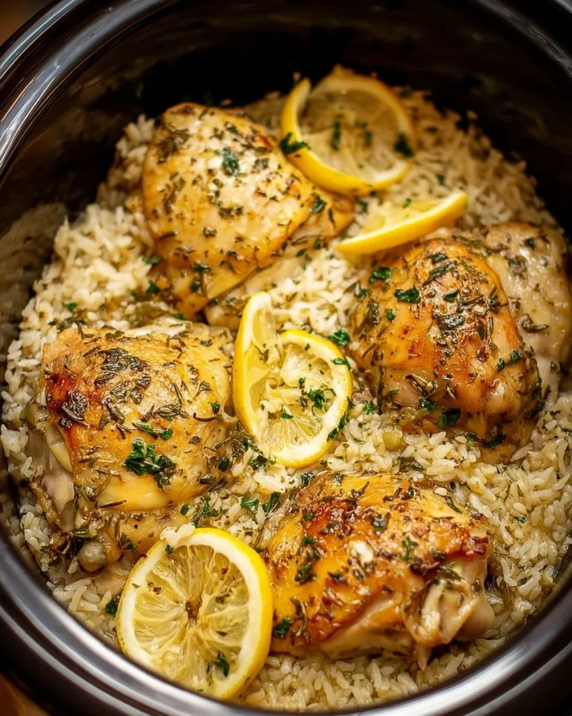 Slow cooker lemon herb chicken served with fluffy rice on a plate
