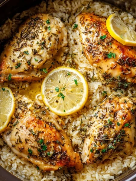 Delicious slow cooker lemon herb chicken served with rice