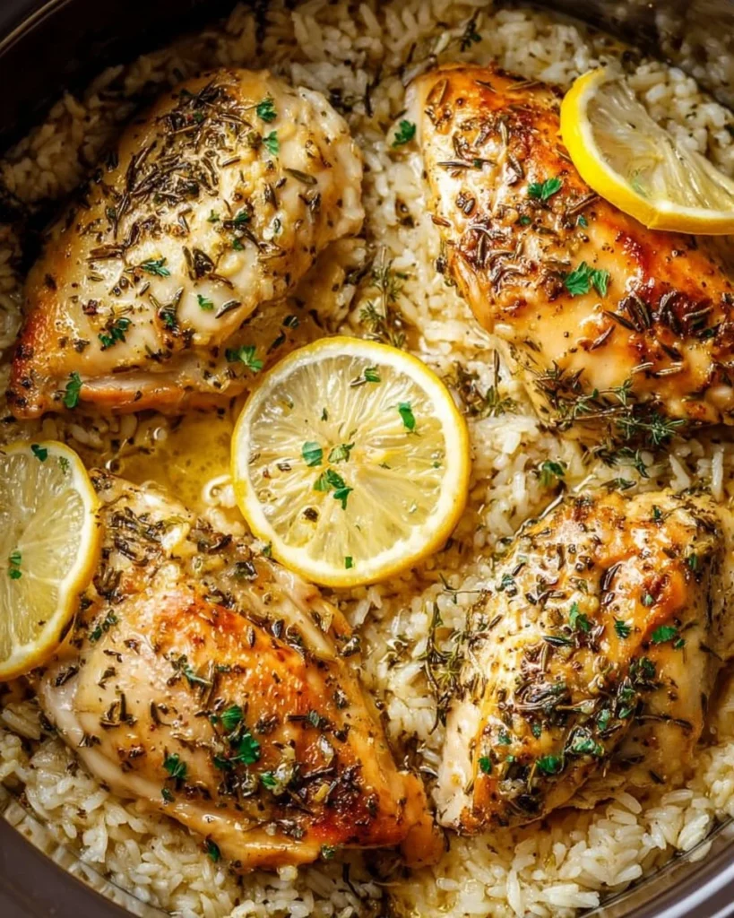 Delicious slow cooker lemon herb chicken served with rice
