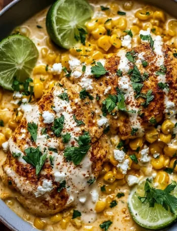 Creamy slow cooker street corn chicken served in a bowl