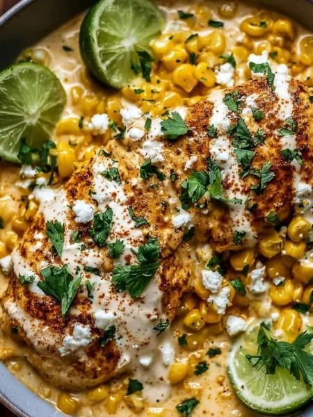 Creamy slow cooker street corn chicken served in a bowl