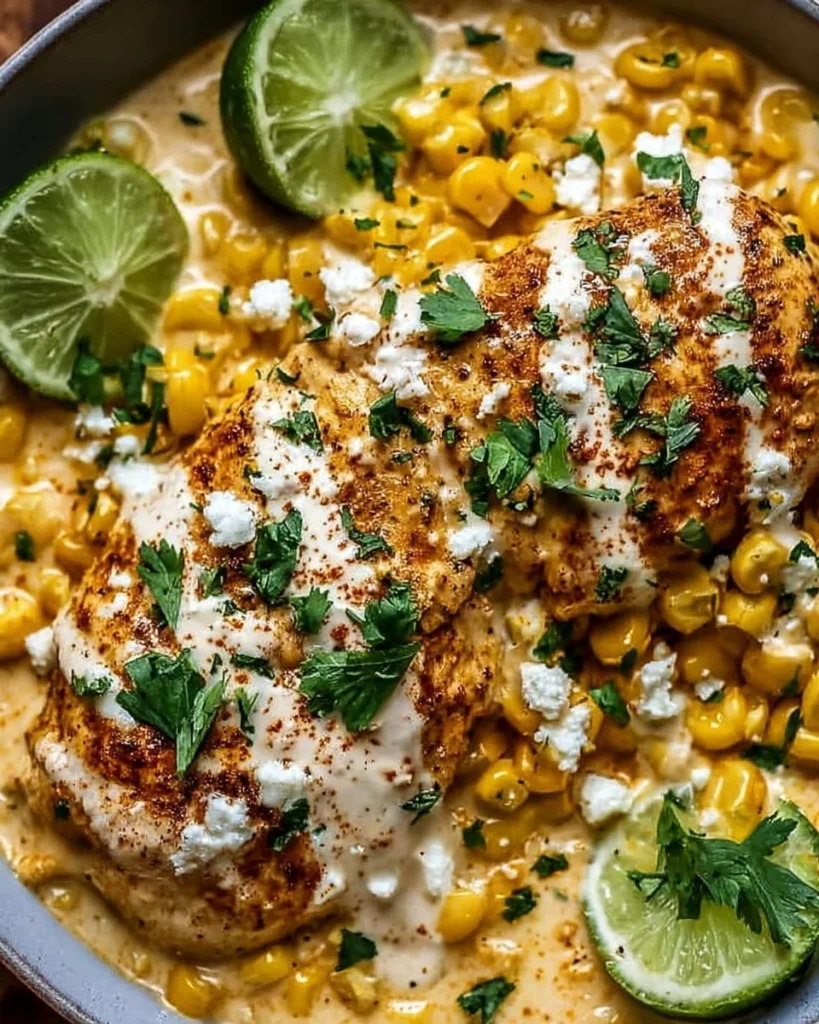 Creamy slow cooker street corn chicken served in a bowl