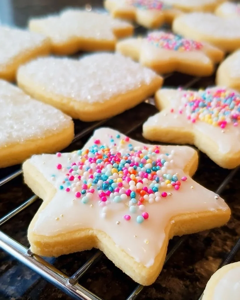 Soft cut-out sugar cookies decorated with icing and sprinkles.