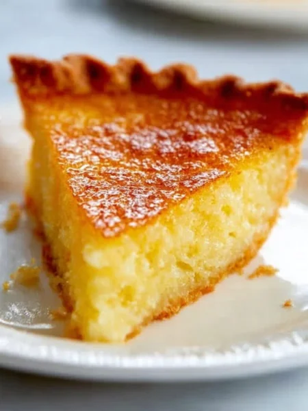 Delicious slice of Southern Chess Pie on a rustic plate.