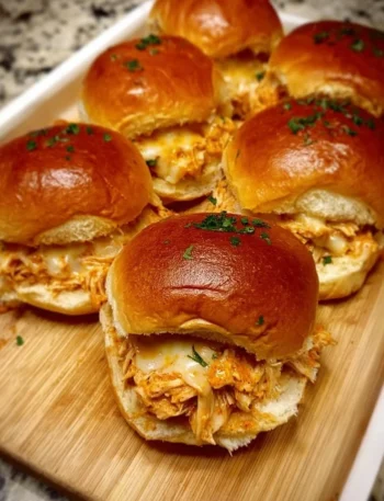 Plate of spicy buffalo chicken sliders garnished with celery and blue cheese