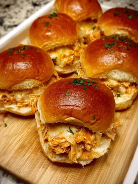Plate of spicy buffalo chicken sliders garnished with celery and blue cheese