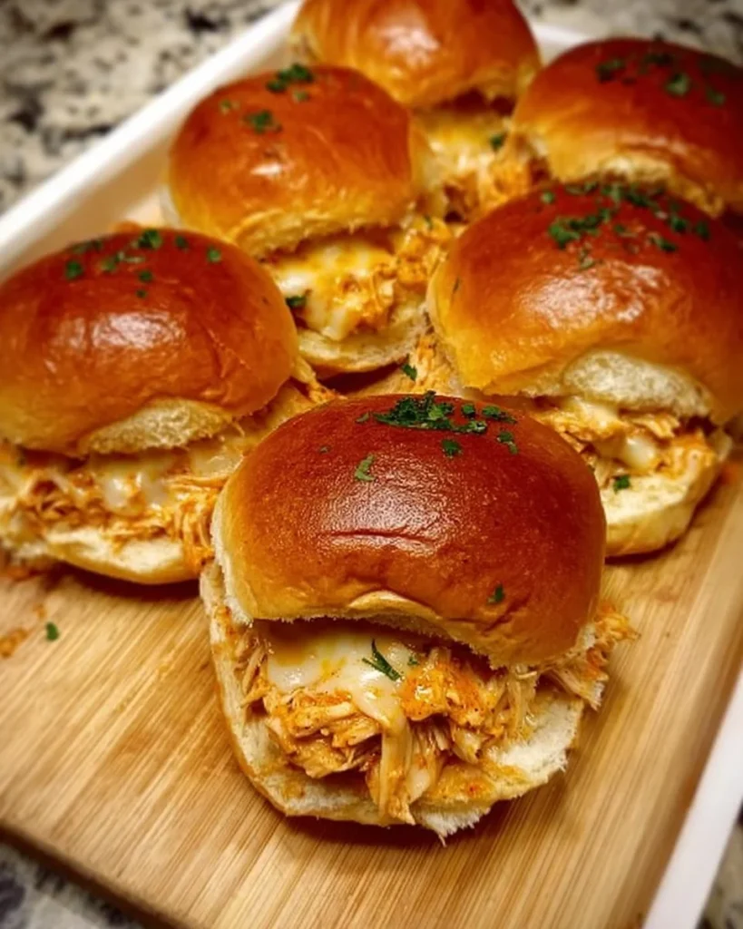 Plate of spicy buffalo chicken sliders garnished with celery and blue cheese