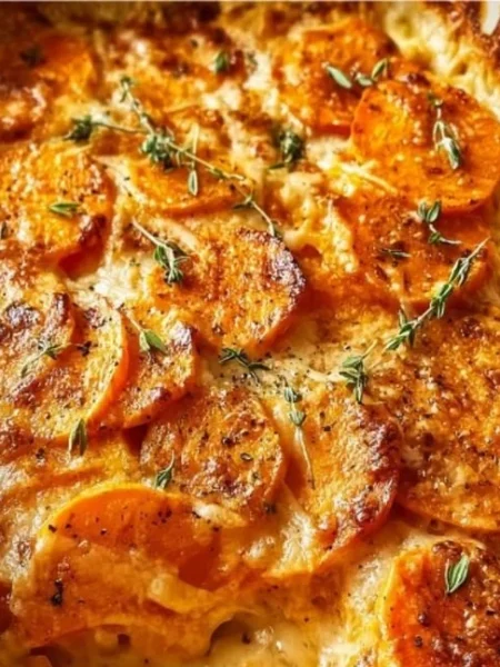 Creamy and spicy chipotle gouda scalloped sweet potatoes dish