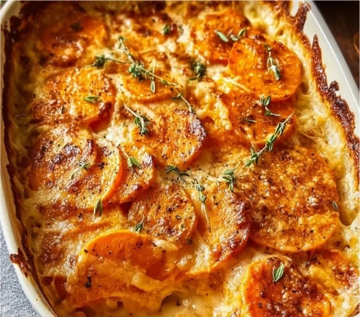 Creamy and spicy chipotle gouda scalloped sweet potatoes dish