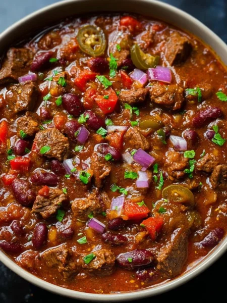 A delicious bowl of spicy steak chili garnished with fresh herbs