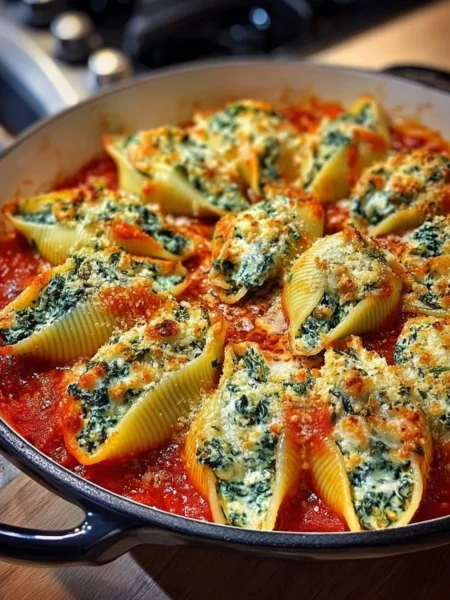 Baked spinach and ricotta stuffed shells topped with marinara sauce and cheese