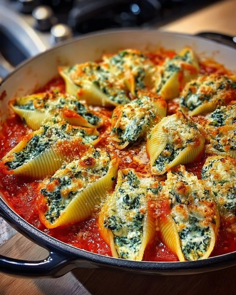 Baked spinach and ricotta stuffed shells topped with marinara sauce and cheese
