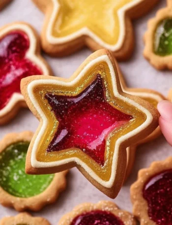 Plate of stained glass sugar cookies with vibrant candy centers