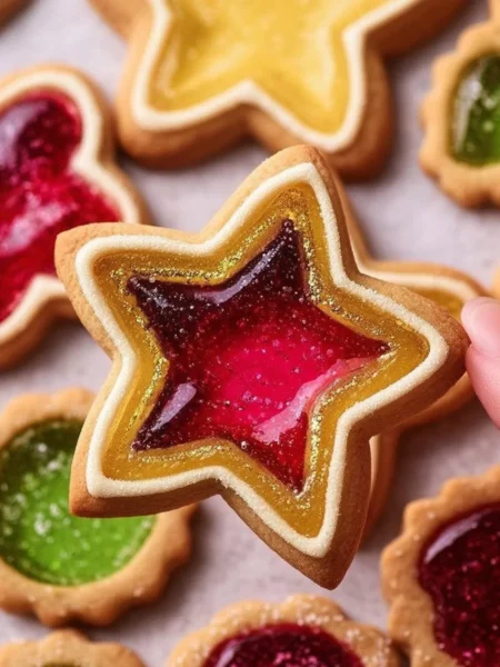 Plate of stained glass sugar cookies with vibrant candy centers