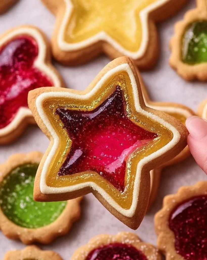 Plate of stained glass sugar cookies with vibrant candy centers