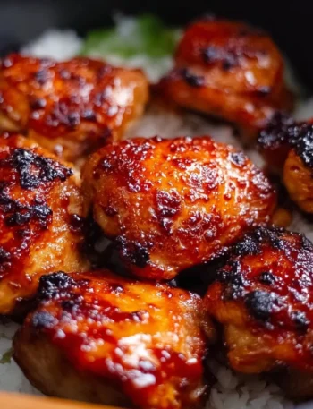Sticky sweet chili chicken thighs cooked in an air fryer, garnished with green onions.