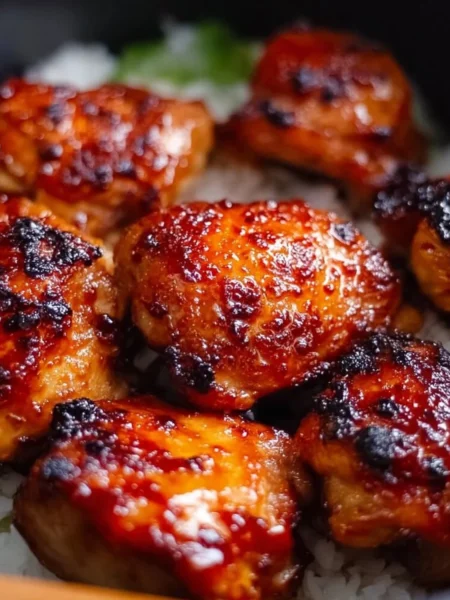 Sticky sweet chili chicken thighs cooked in an air fryer, garnished with green onions.