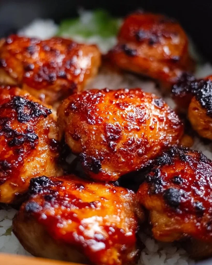 Sticky sweet chili chicken thighs cooked in an air fryer, garnished with green onions.